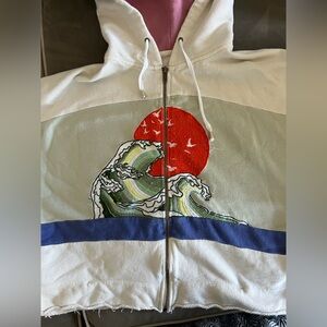 Free People Embroidered Wave Zip Up Crop Hoodie